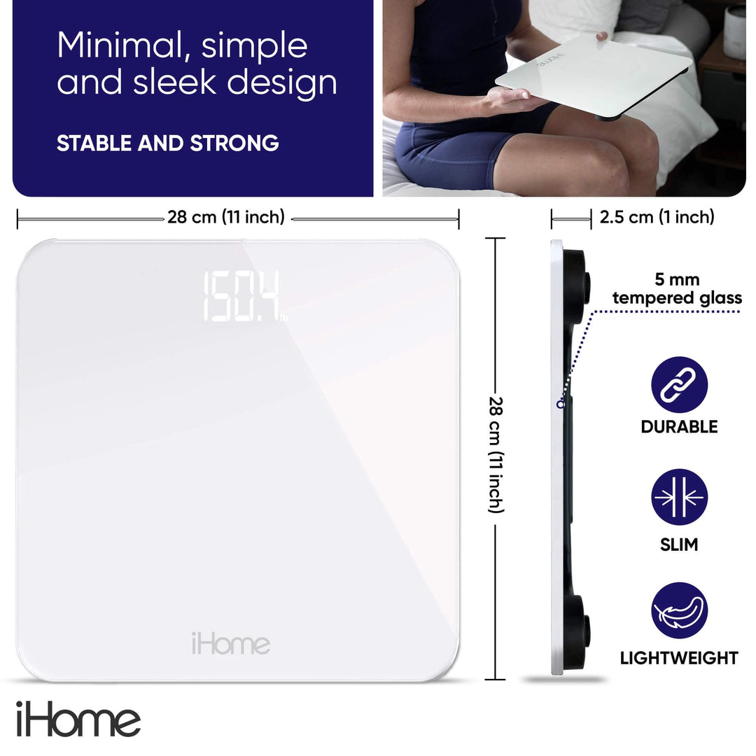 iHome Digital Scale Step-On Bathroom Scale - iHome High Precision Body Weight Scale - 400 lbs, Battery Powered with LED Display - Batteries Included -Great for Home Gym (White) iHome