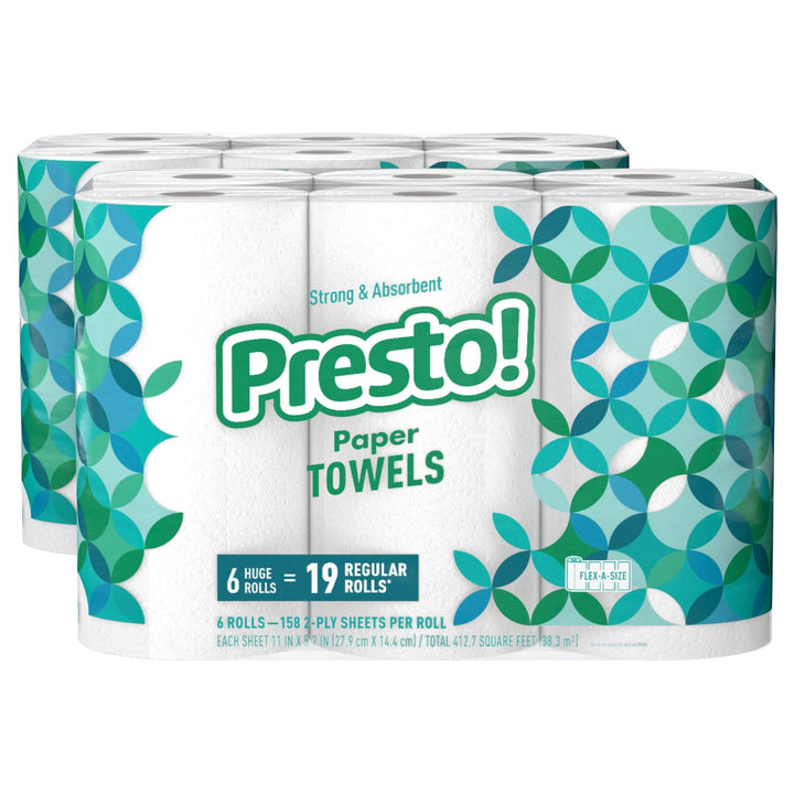 Amazon Brand - Presto! Flex-a-Size Paper Towels, 158 Sheet Huge Roll, 12 Rolls - White