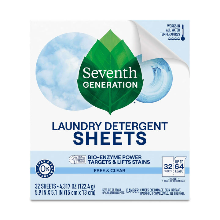 Seventh Generation Laundry Detergent Sheets, Up to 64 Loads, Free & Clear, Made for Sensitive Skin, Safer for your Family