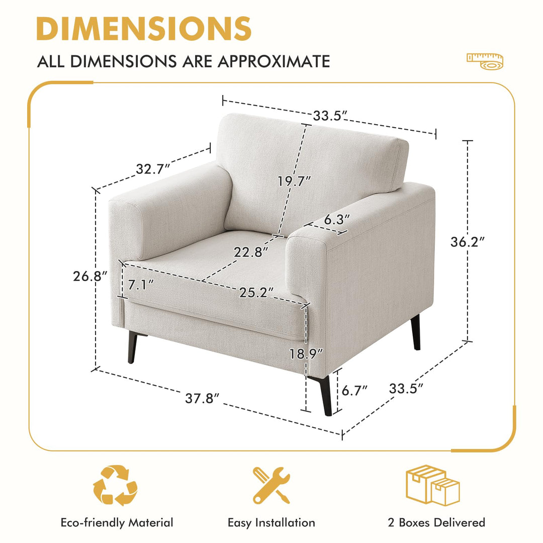 CDCASA Accent Chair, Linen Fabric Oversized Mid Century Modern Chair Set of 2, Comfy Upholstered Armchair Reading Accent Chairs Sofa Chairs for Bedroom Living Room,Beige 