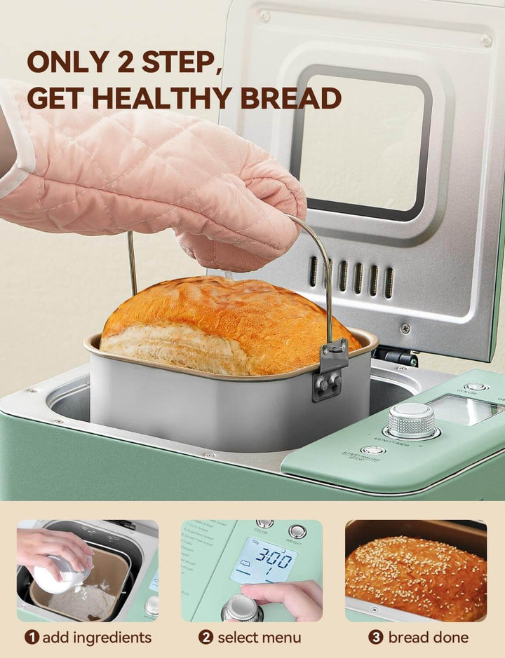 Image showing Neretva bread maker with step-by-step instructions for healthy bread: add ingredients, select menu, and enjoy.