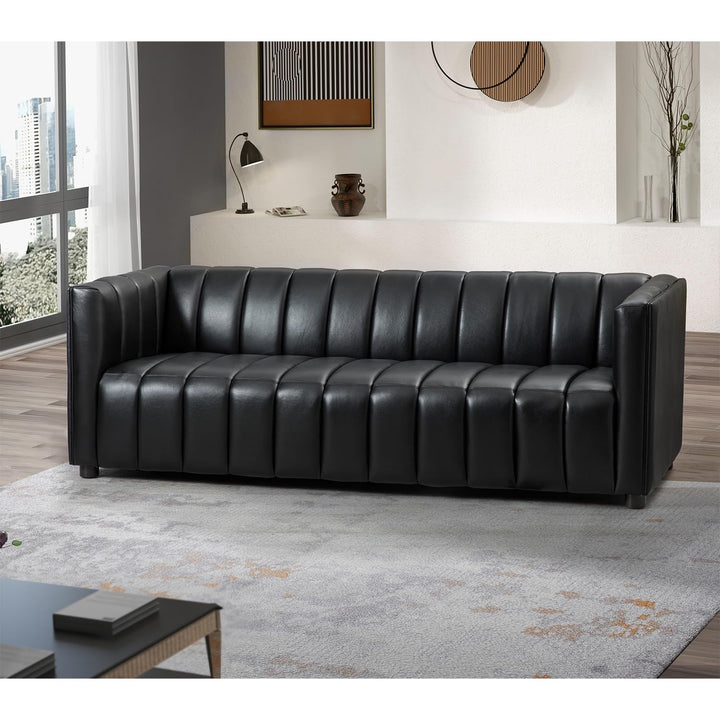 HULALA HOME 83" Genuine Leather Sofa, Sofa Leather for Living Room, 3 Seater Sofa Couch Top Layer Leather Large Sofa Furniture with Channel Tufted Seat Back & Square Arms (Black) 