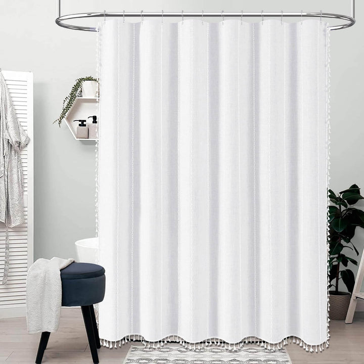 BTTN White Farmhouse Shower Curtain, Boho Linen Striped Heavy Duty Fabric Shower Curtain Set with Tassel, Bohemian Country Ultra Thick Shower Curtain for Bathroom, Wrinkle Free, Water Repellent, 72x72 