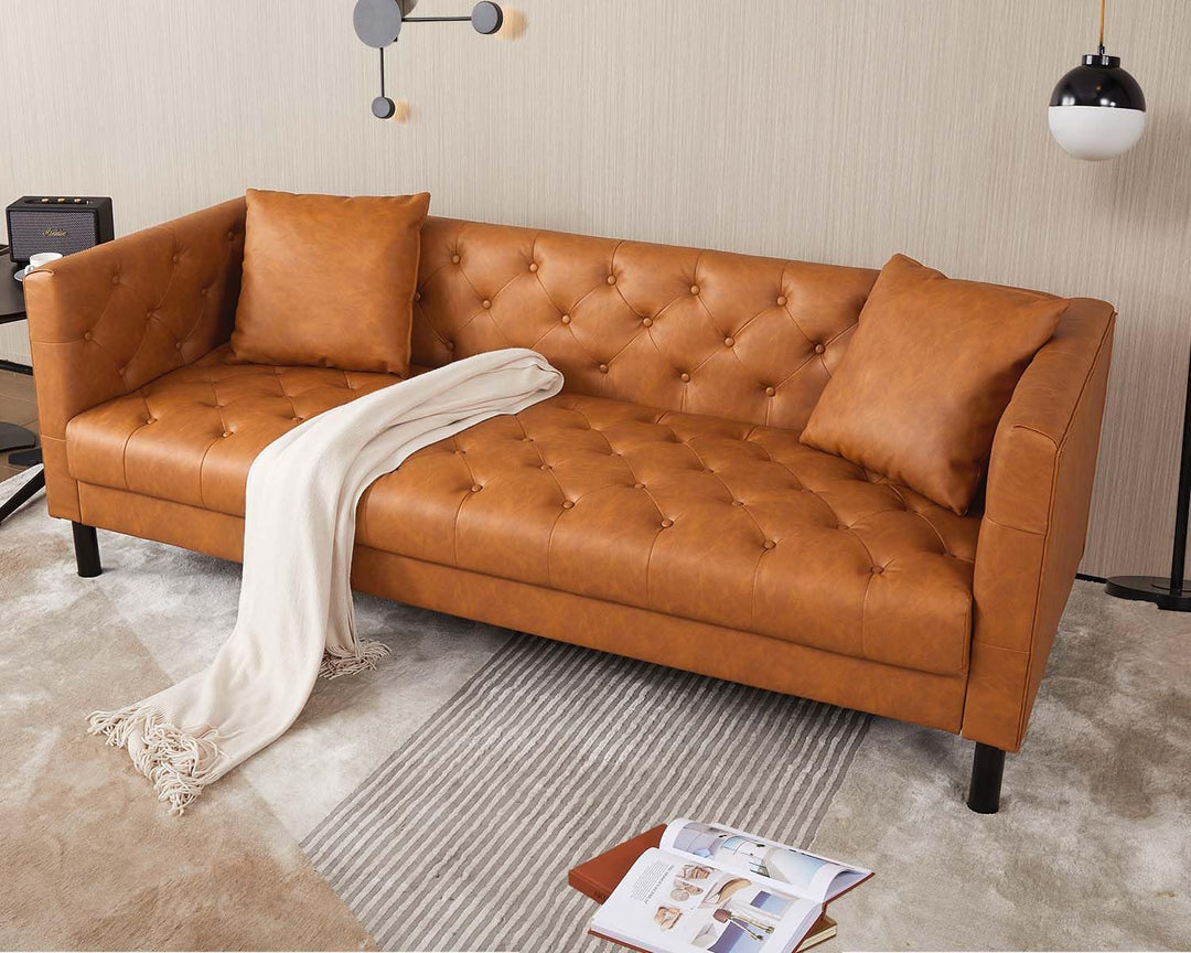 GarveeHome 81" Modern Leather Couch for Living Room, Chesterfield Sofa with Deep Seat and 2 Pillows, 3 Seater Sofa with Handmade Button Tufted, Sleeper Sofa for Apartment, Office, Cognac Tan 