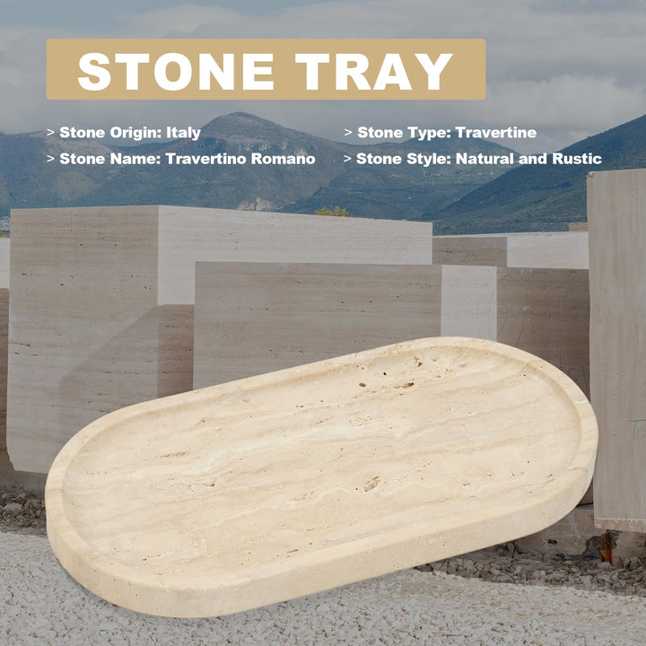 Travertine tray in front of a stone quarry, with notes on its Italian travertine origin