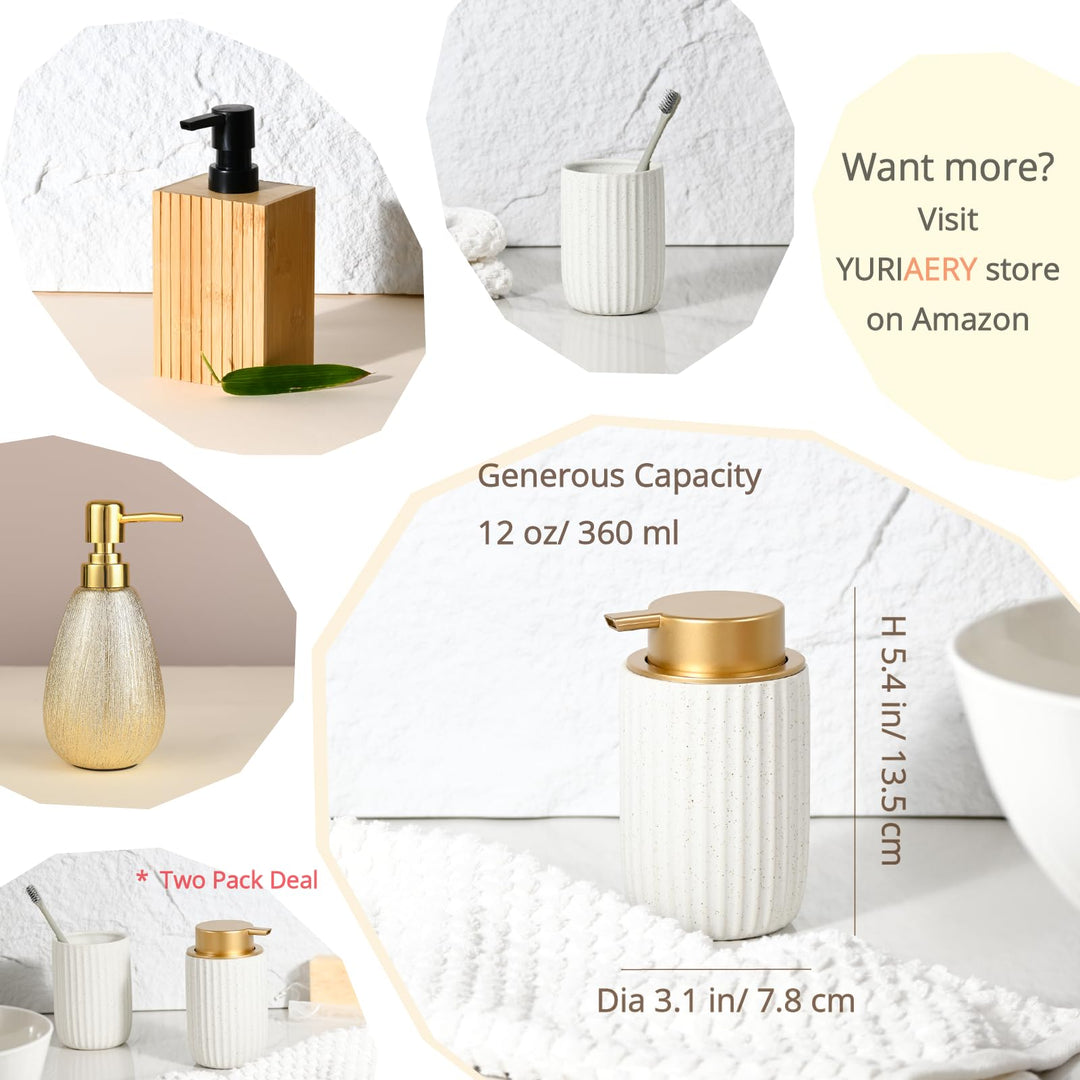 Speckled white ceramic dispenser with its 12 oz capacity and 5.4 × 3.1 inch size, beside other YURIAERY accessories