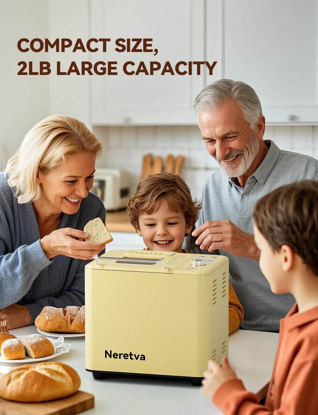 Family enjoying fresh bread with Neretva 20-IN-1 Bread Maker, showcasing compact size and 2LB capacity in yellow.