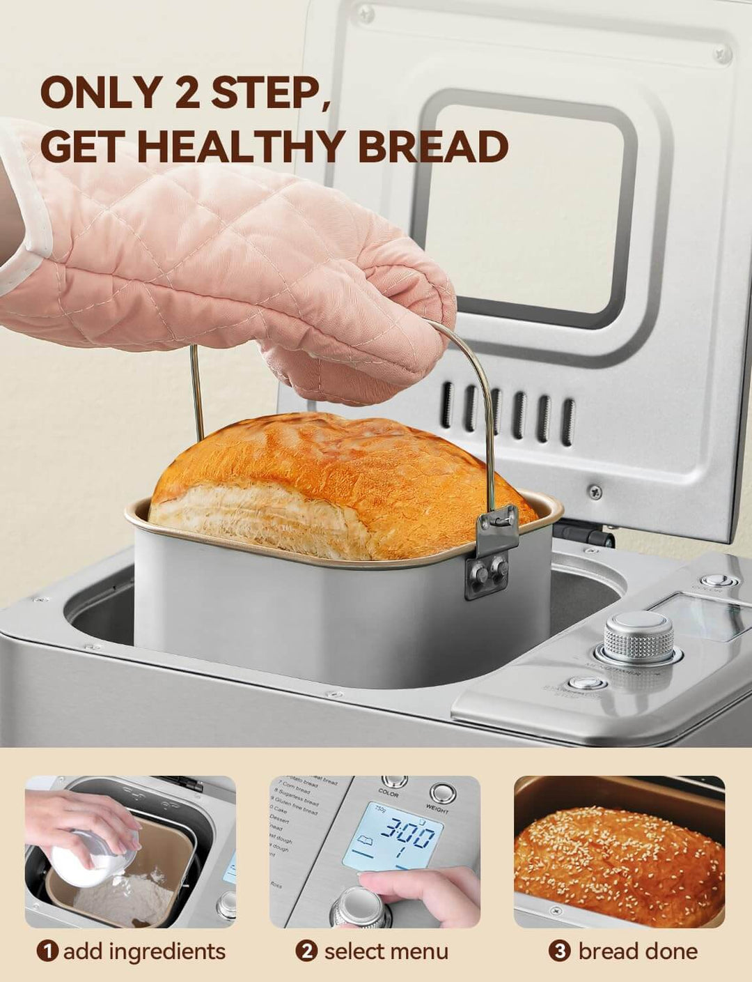 Neretva Bread Maker process: add ingredients, select menu, and enjoy fresh bread with easy two-step operation.