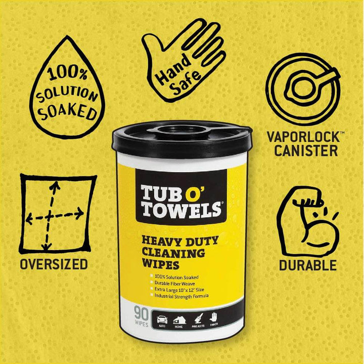 Tub O Towels TW90 Heavy-Duty 10" x 12" Size Multi-Surface Cleaning Wipes, 90 Count Per Canister