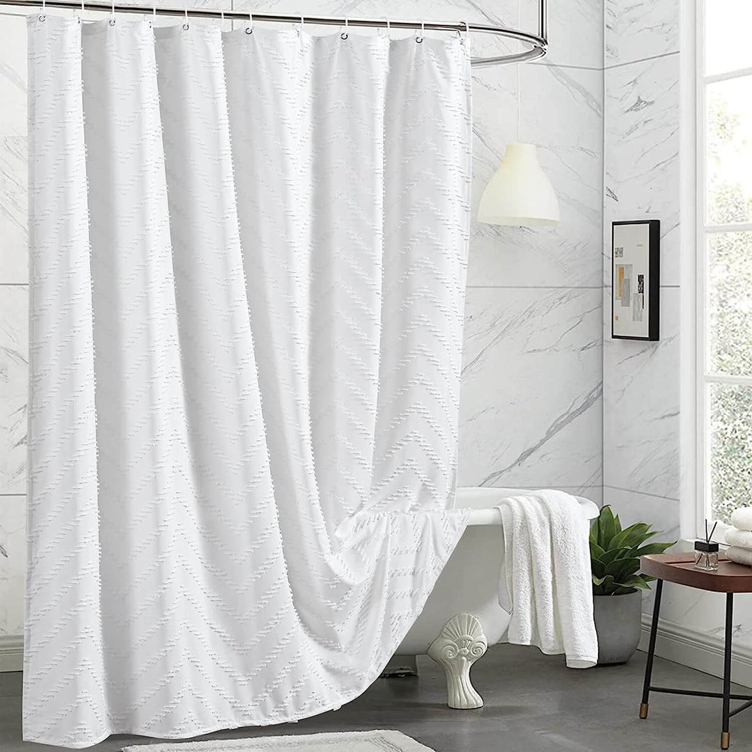 White Boho Fabric Shower Curtain 72 x 72 Inches, Modern Shabby Chic Textured Tufted Chevron Striped Minimalist Cloth Bathroom Shower Curtain 