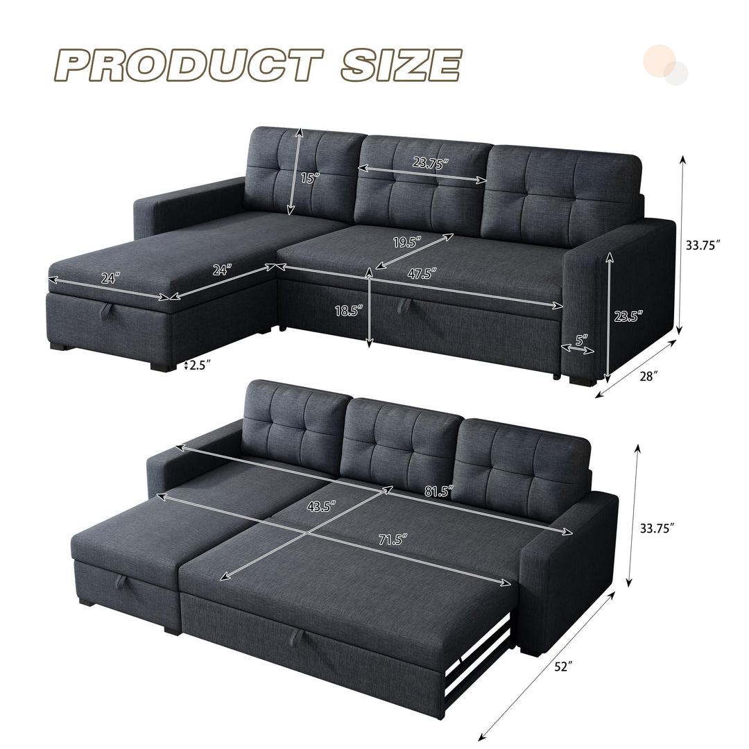 YOPTO Sectional Sleeper Sofa with Storage Chaise,Convertible L Shaped Pull Out Couch Bed with 3 Removable Back Cushion for Living Room, Apartment,Office,Dark Grey,81.5" 