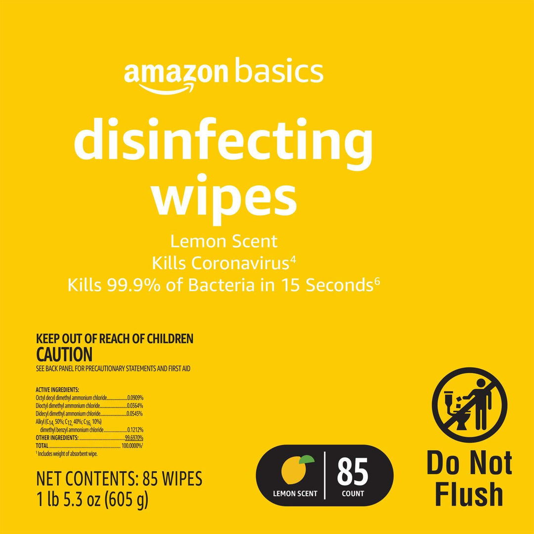 Amazon Basics Disinfecting Wipes, Lemon & Fresh Scent, 255 Count (3 Packs of 85)