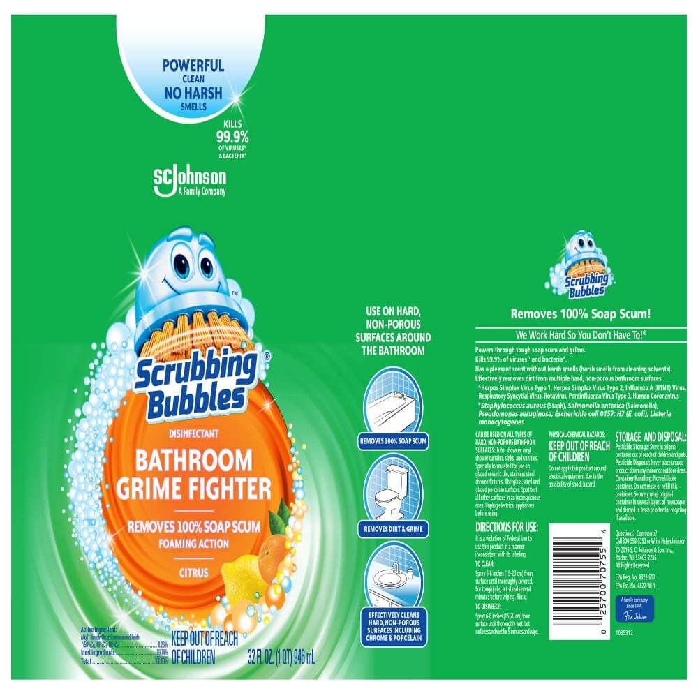 Scrubbing Bubbles Bathroom and Shower Cleaner Disinfectant Spray, Foaming Action Bathroom Grime Fighter, Citrus Scent, 32oz