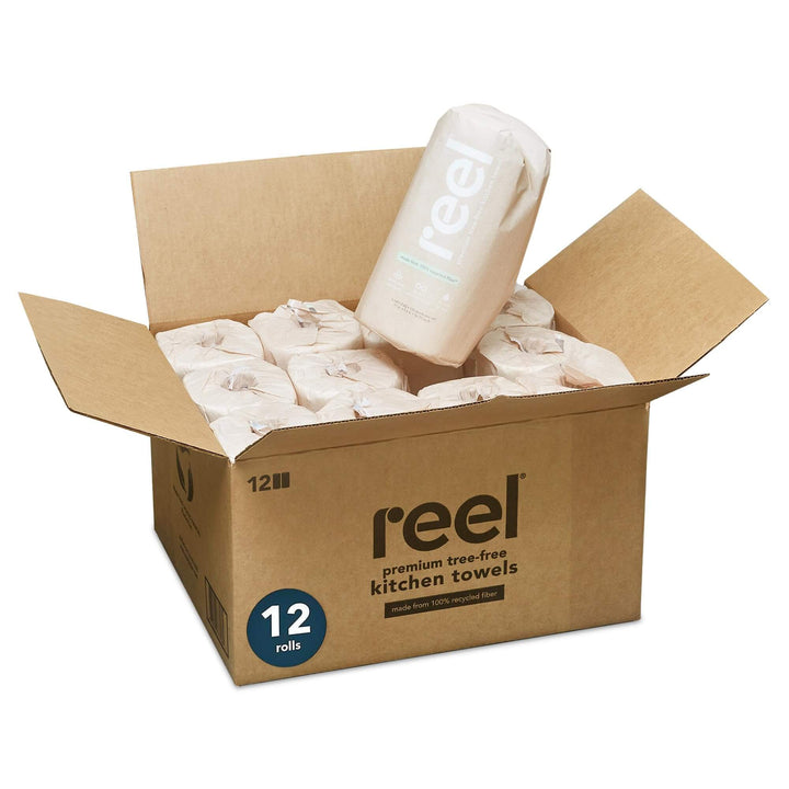 Reel Premium Recycled Paper Towels- 12 Rolls, 2-Ply Made From Tree-Free, 100% Recycled Paper - Eco-Friendly, Hypoallergenic and Zero Plastic Packaging