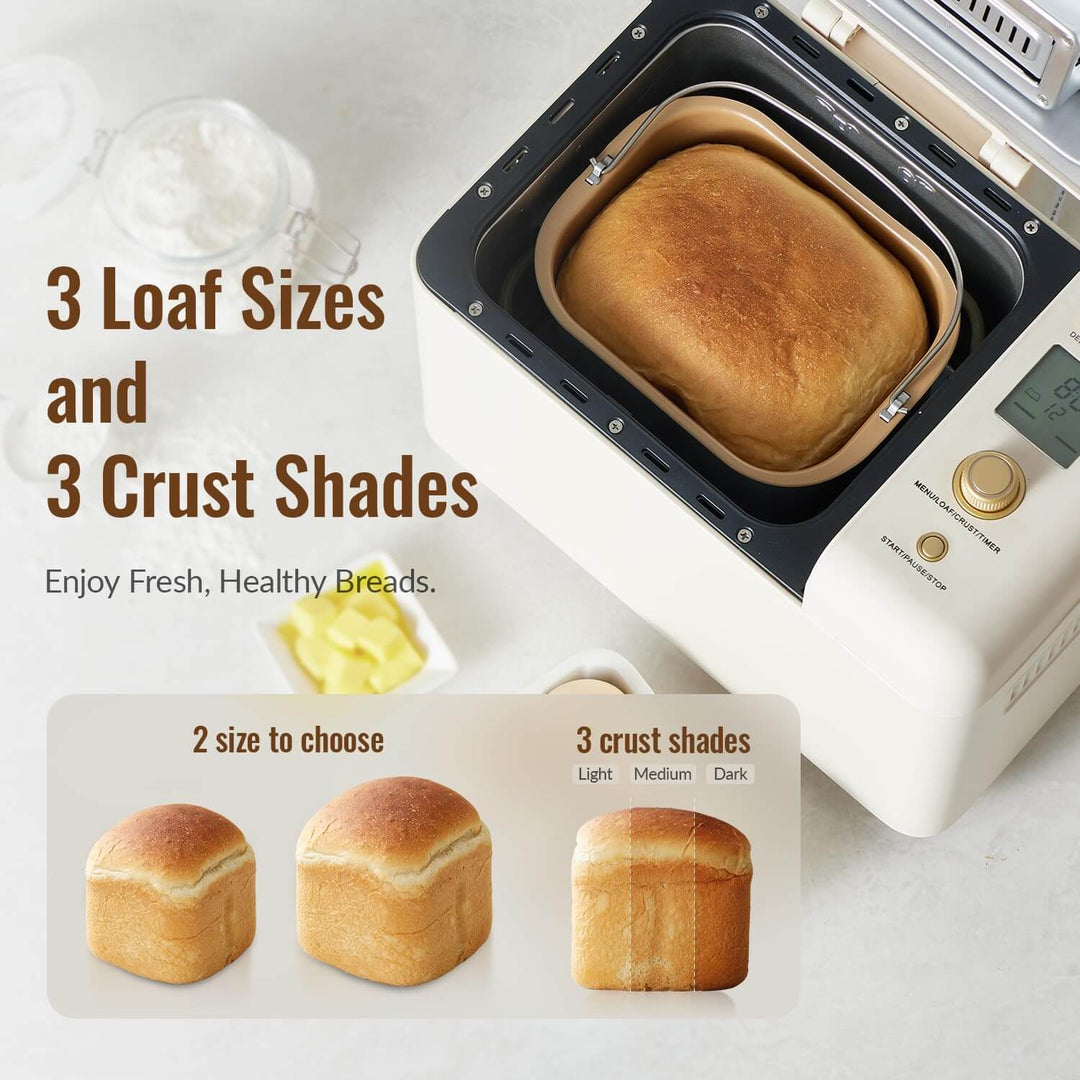 Neretva Bread Machine showcasing 3 loaf sizes and crust shades for customized, fresh bread options.