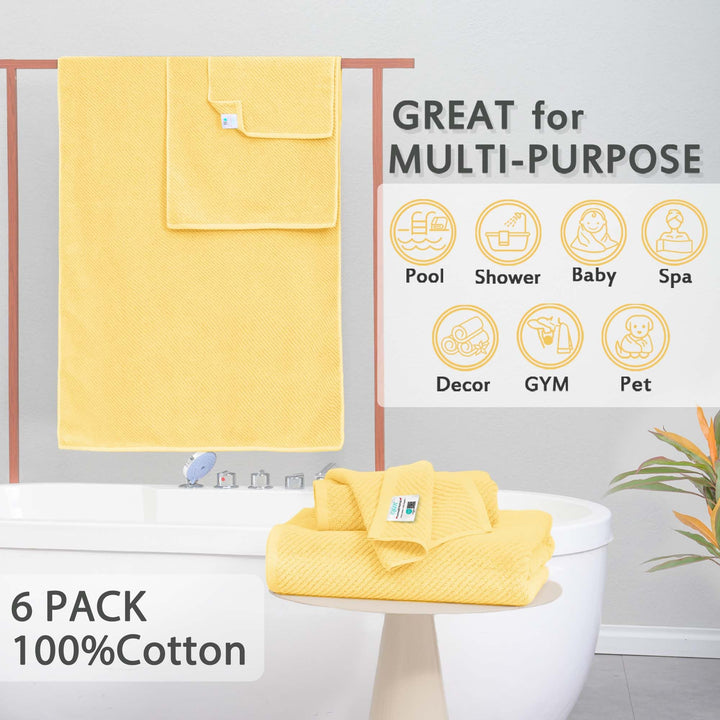 Yellow Towels for Bathroom - 100% Cotton | Quick Dry | Light Weight | Thick | Soft , 6 Piece Towel Set, 2 Large Bath Towels 30"x56", 2 Hand Towels 18"x28", 2 Washcloths 13"x13", Towel Gift Set VOOVA & MOVAS