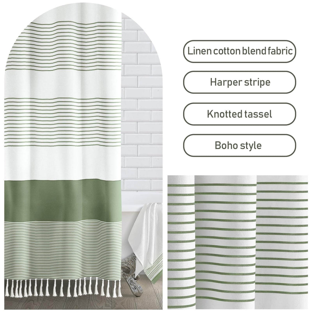 Awellife Boho Sage Green Shower Curtain for Bathroom Stripe Tassel Shower Curtain 72 X 72 Inches Farmhouse Linen 