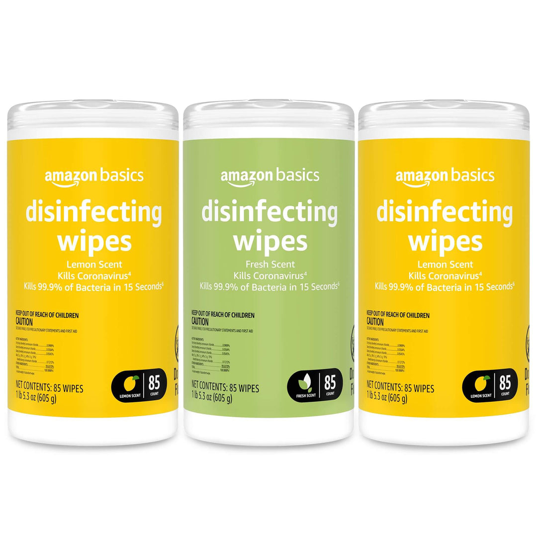 Amazon Basics Disinfecting Wipes, Lemon & Fresh Scent, 255 Count (3 Packs of 85)