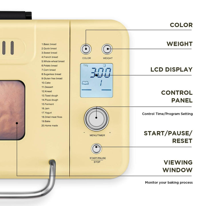 Neretva 20-IN-1 Bread Maker control panel features including LCD display and viewing window in yellow.