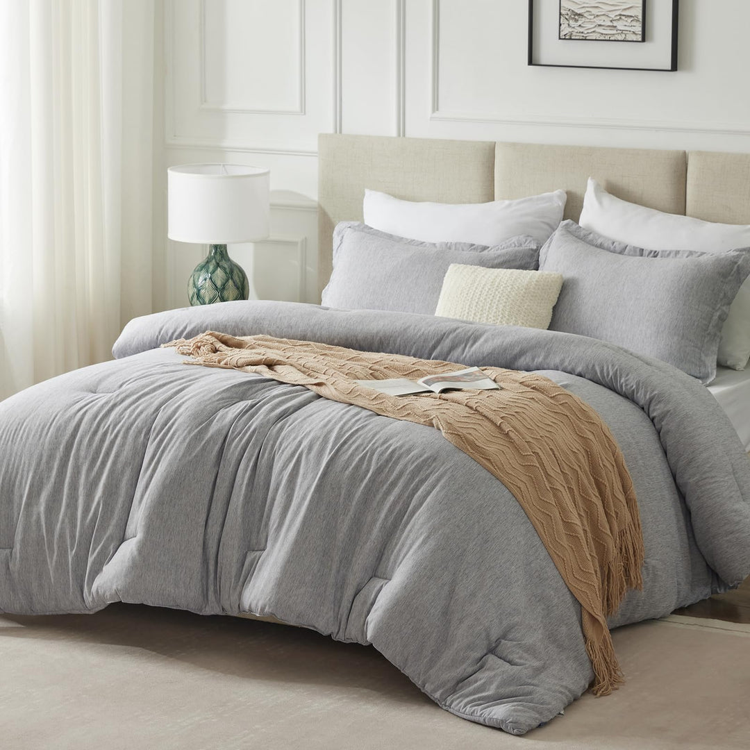 CozyLux Queen Comforter Set - 3 Pieces Light Grey Soft Luxury Cationic Dyeing Queen Comforter for All Season, Light Gray Breathable Lightweight Fluffy Bedding Sets with 1 Comforter and 2 Pillow Shams CozyLux