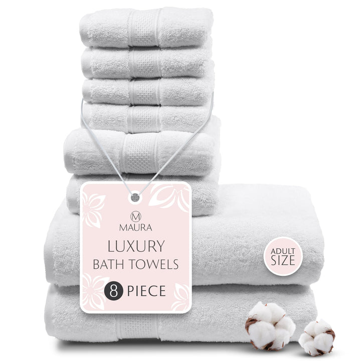 MAURA White Bath Towel Set of 8 for Bathroom. Turkish Cotton Luxury Bath Towels. Extra Large, Thick, Plush & Soft. Hotel & Spa Quality - White MAURA