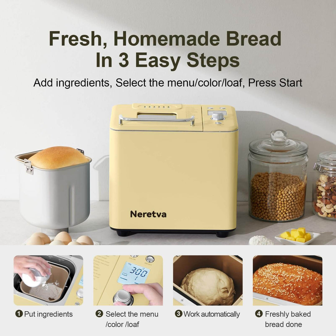 Neretva 20-IN-1 Bread Maker in yellow showing bread-making steps: add ingredients, select menu, freshly baked bread.