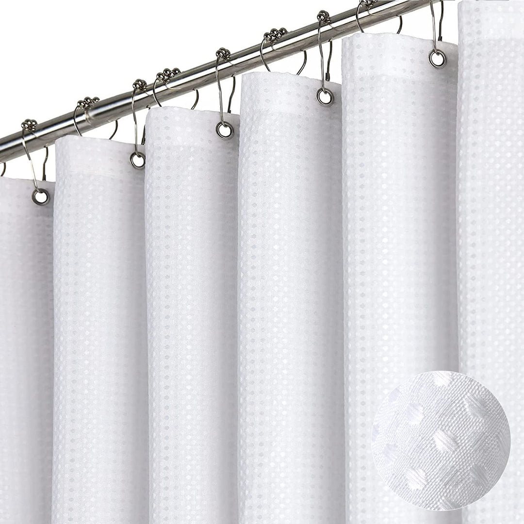 Dynamene White Fabric Shower Curtain， Waffle Weave Heavy Duty Hotel Luxury Cloth Shower Curtains for Bathroom, 72 Inch 256GSM Weighted Bath Curtain Set with 12 Plastic Hooks,72x72 Dynamene