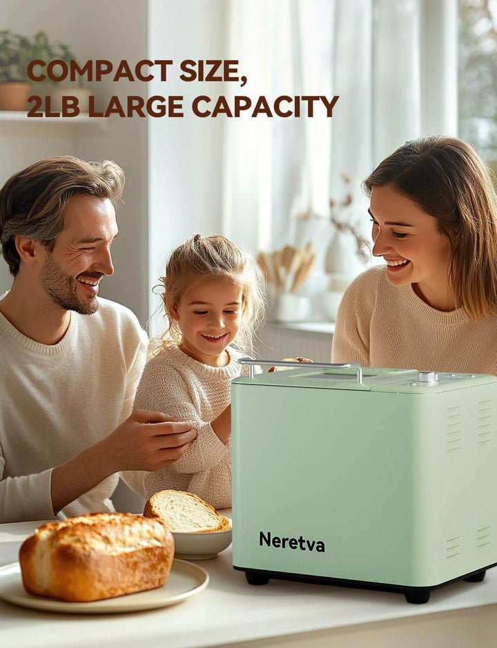 Neretva 20-IN-1 Bread Maker in mint green, family enjoying freshly baked bread, compact size with 2LB capacity.