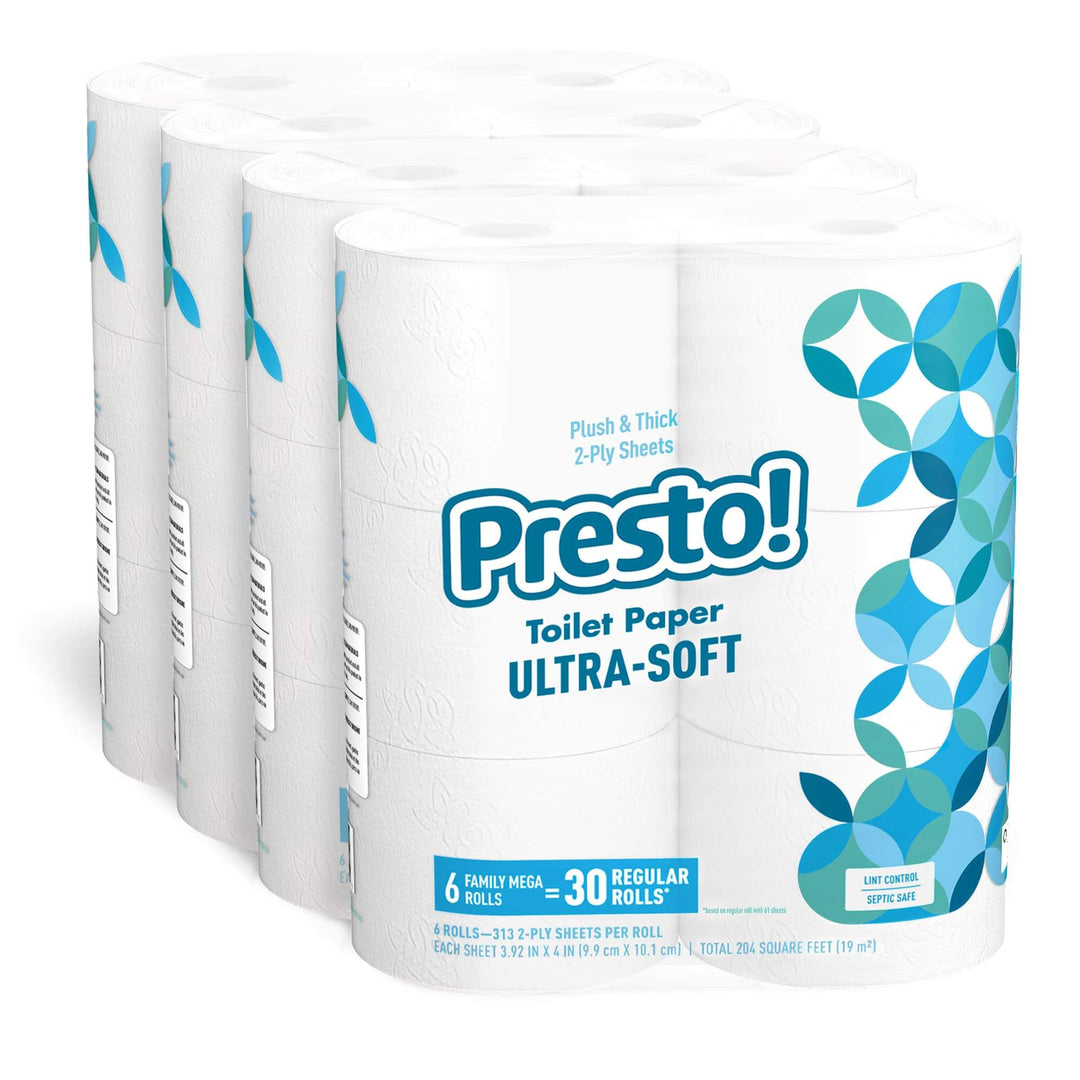 Amazon Brand - Presto! 2-Ply Ultra-Soft Toilet Paper, 24 Family Mega Rolls, Unscented - White