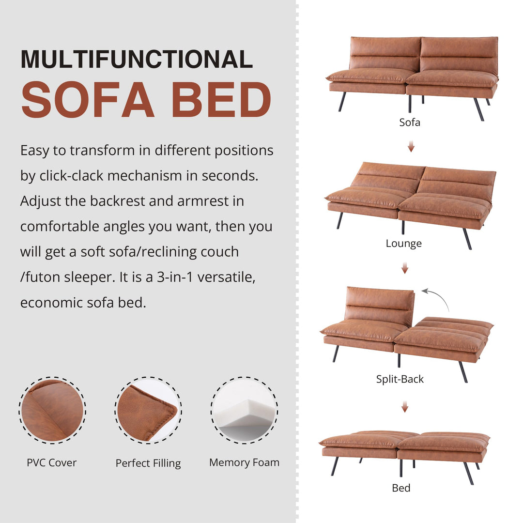 Memory Foam Futon Sofa Bed, Convertible Futon Sofa Couch with Adjustable Backrest, Modern Sleeper Couch Bed for Office, Living Room, Bedroom and Sitting Room, Brown 