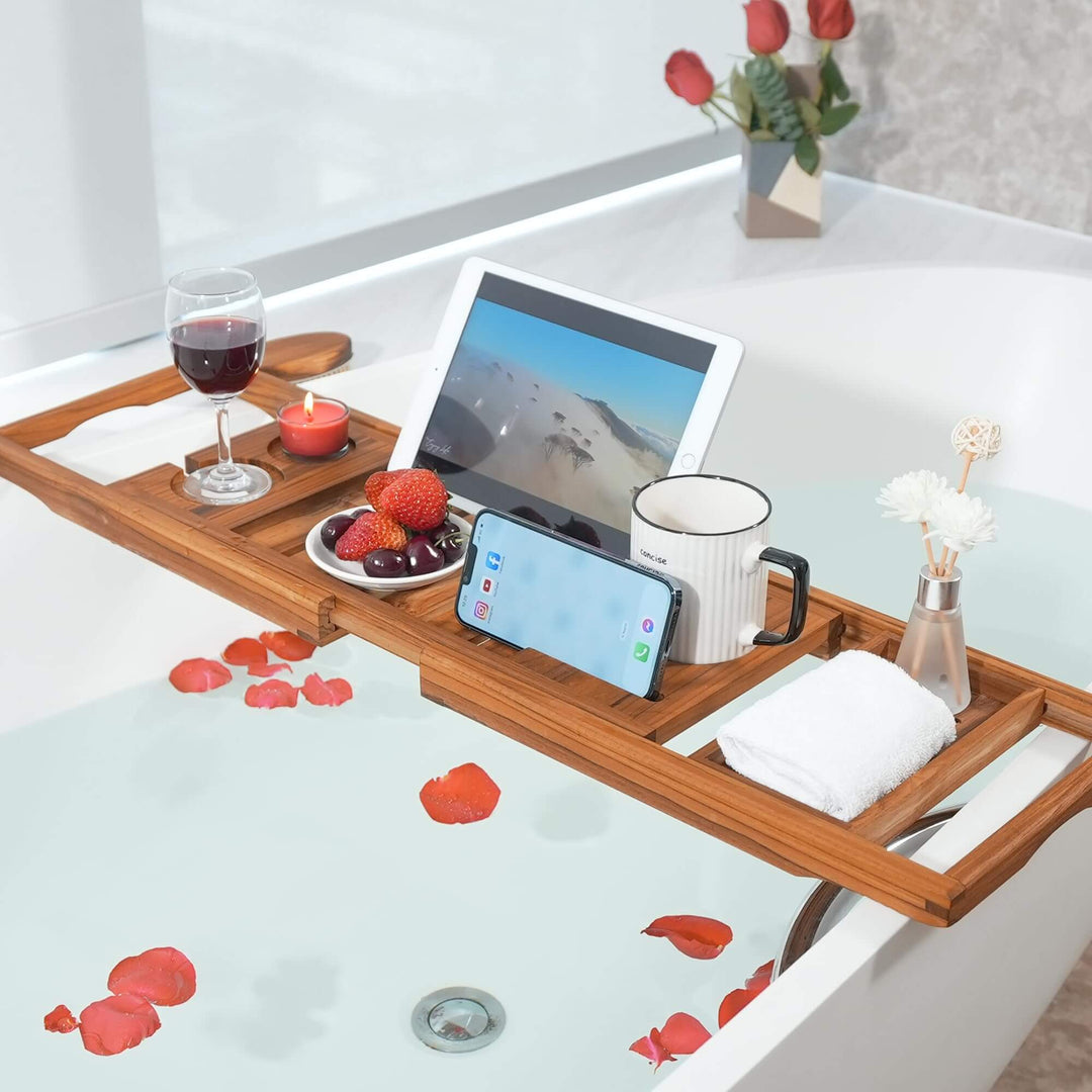 VaeFae Premium Teak Bathtub Tray, Expandable Wooden Bath Tray for Tub, Luxury Bathtub & Bathroom Accessories, Great House Warming, Anniversary & Wedding and Birthday Gifts (Free Teak Body Brush) VaeFae