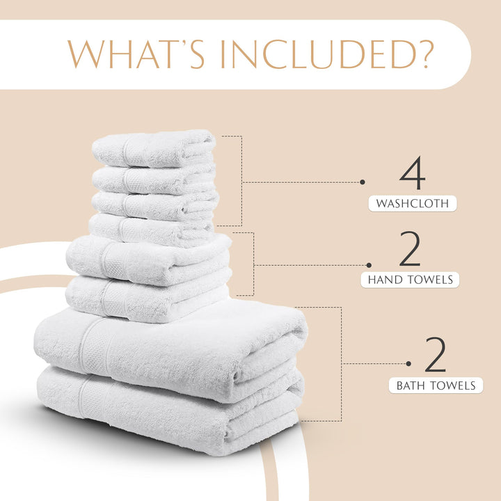 MAURA White Bath Towel Set of 8 for Bathroom. Turkish Cotton Luxury Bath Towels. Extra Large, Thick, Plush & Soft. Hotel & Spa Quality - White MAURA