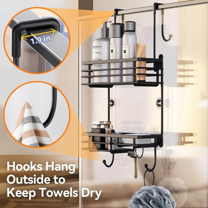 Gaseawolf Over Shower Door Caddy, Hanging Organizer With 2-Tier Rack and Hooks, Holds Body Wash, Shampoo, Soap, Razor, Towel Gaseawolf