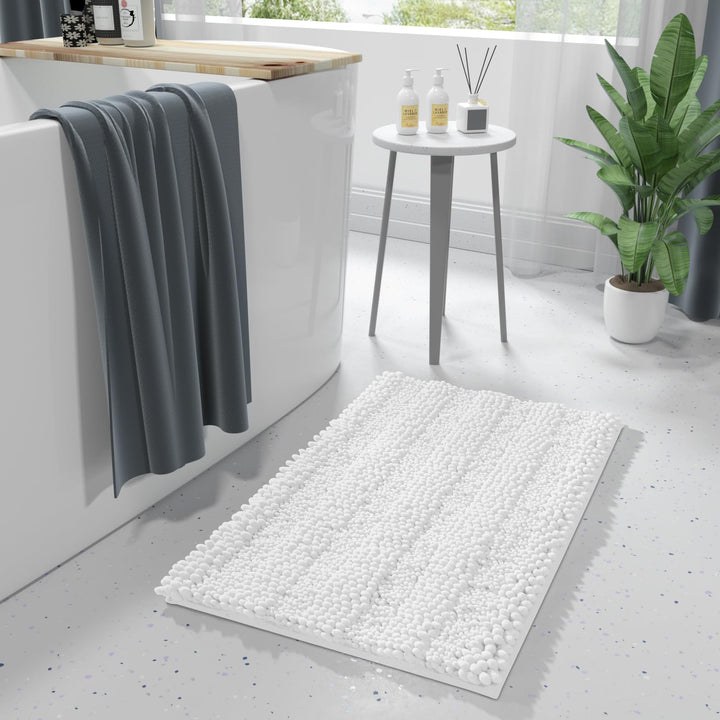 Yimobra White Bathroom Rug Mat, Non Slip Quick Dry Bath Mats, Extra Thick and Super Absorbent Bath Rugs, Luxury Microfiber Chenille Plush Fluffy Washable Soft Shower Carpet for Floor, 24" x 17" Yimobra