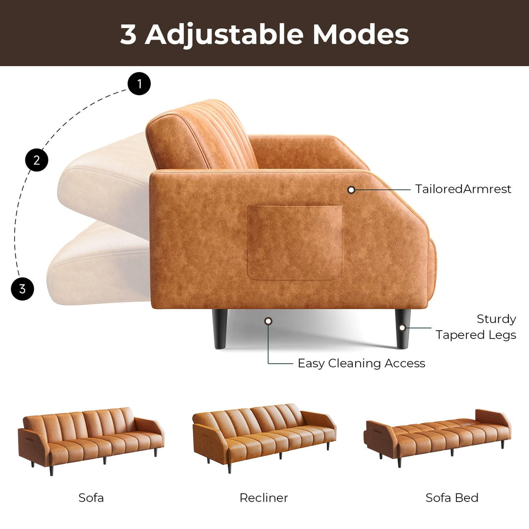 Fadware 78'' Futon Sofa Bed Couch, 2 Seater Faux Leather Futon Sleeper Couches with Adjustable Sofa Backrest, Convertible Loveseat Sofa Bed for Living Room, Bedroom, Office, Loft, Brown 