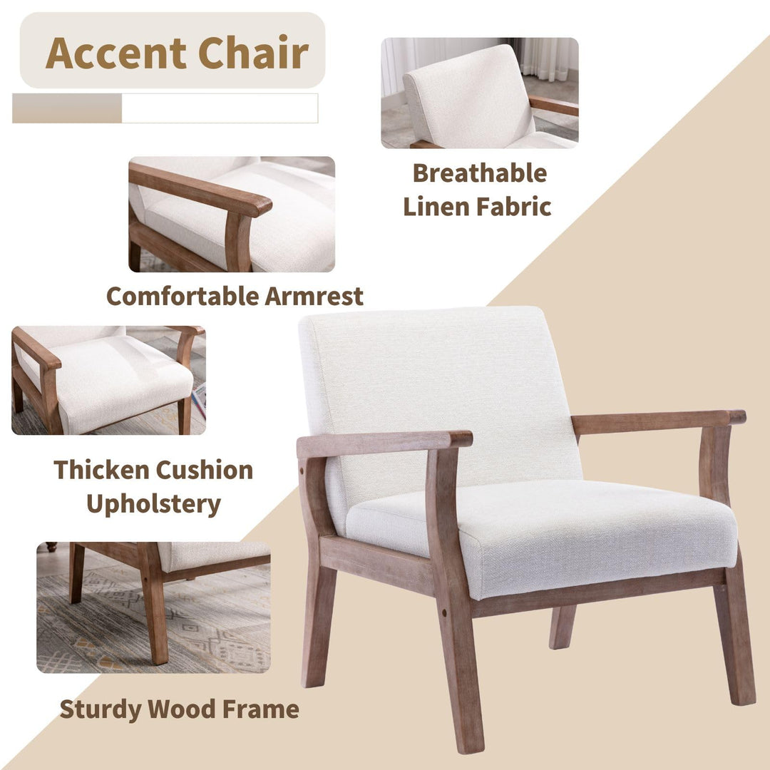 HNY Mid Century Modern Accent Chairs Set of 2 with Wood Frames, Linen Upholstered Living Room Arm Chairs for Living Room, Bedroom, Ivory 