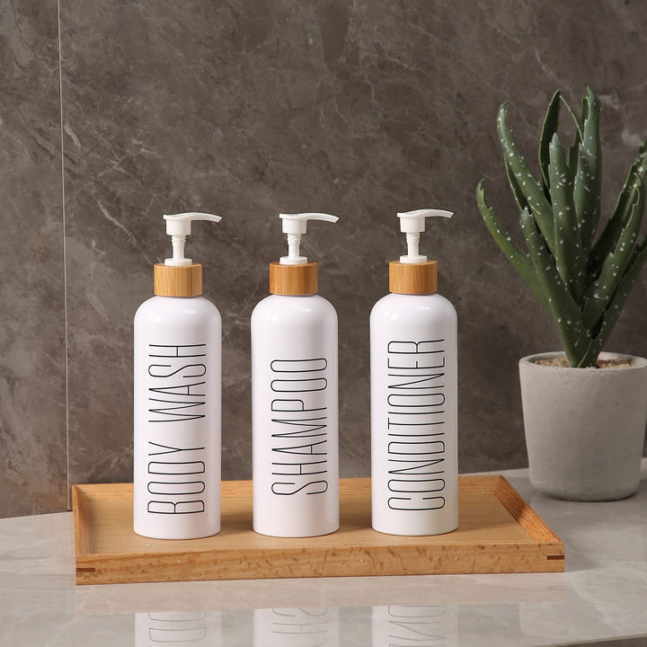 HOMCDALY Shampoo and Conditioner Dispenser, 16oz 3-Pack Refillable Shampoo and Conditioner Bottles, Empty Shampoo Bottles Refillable with Bamboo Pump, Bathroom Shower Shampoo Dispenser Set HOMCDALY