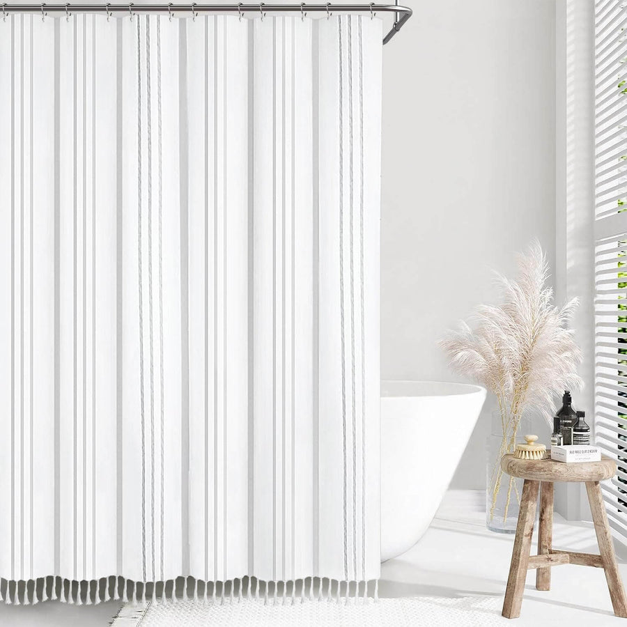 Awellife Farmhouse Grey Shower Curtain for Bathroom Gray Striped White Linen Cotton Cloth Striped Boho Shower Curtain for Bathroom 