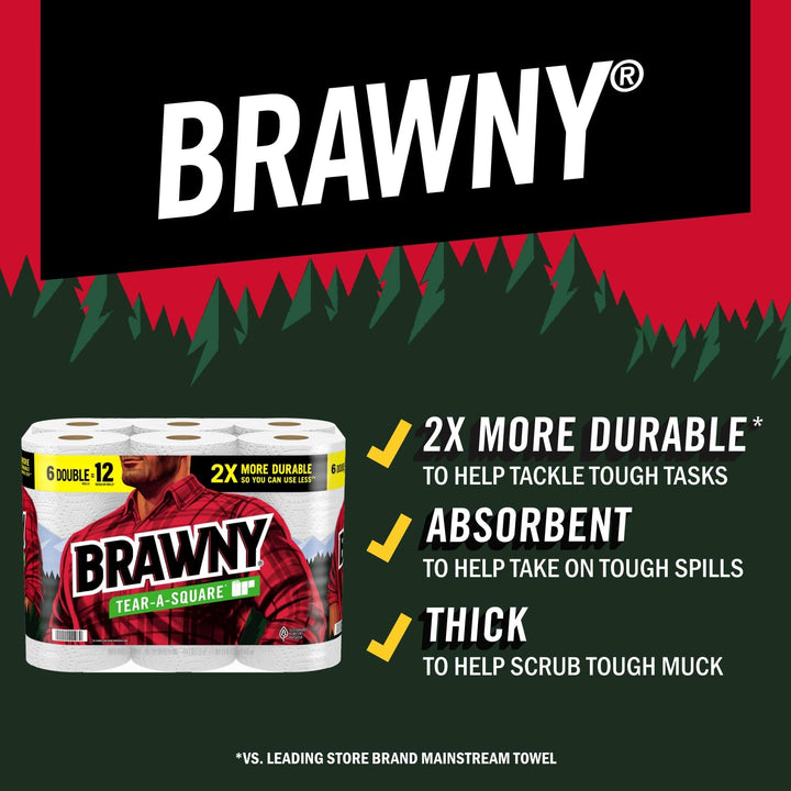 Brawny Tear-A-Square Paper Towels, 12 Double Rolls = 24 Regular Rolls, 3 Sheet Sizes (Quarter, Half, Full), Strength for All Messes, Cleanups, and Meal Prep