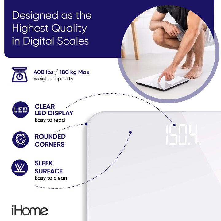 iHome Digital Scale Step-On Bathroom Scale - iHome High Precision Body Weight Scale - 400 lbs, Battery Powered with LED Display - Batteries Included -Great for Home Gym (White) iHome