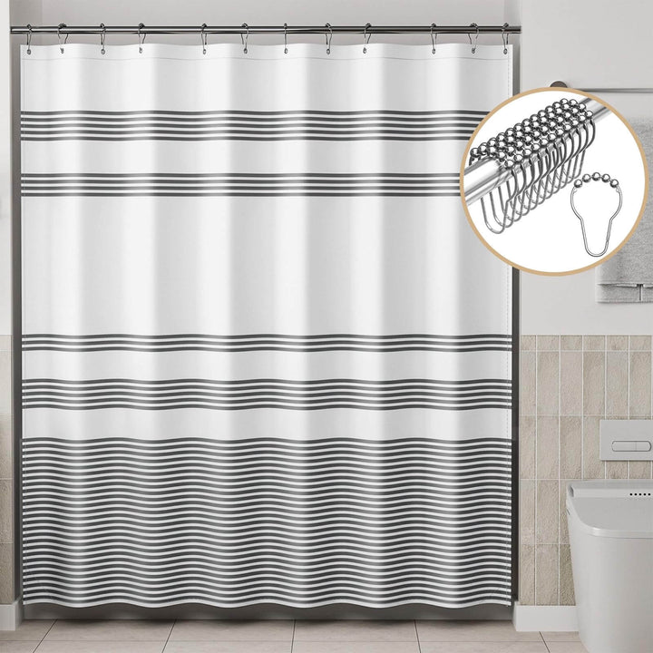 AmazerBath Shower Curtain, Washable Cloth Black Shower Curtain Sets with 12 Shower Curtain Hooks, Fabric Rustic Black and White Striped Shower Curtain, Farmhouse Bathroom Shower Curtain, 72x72 Inches 