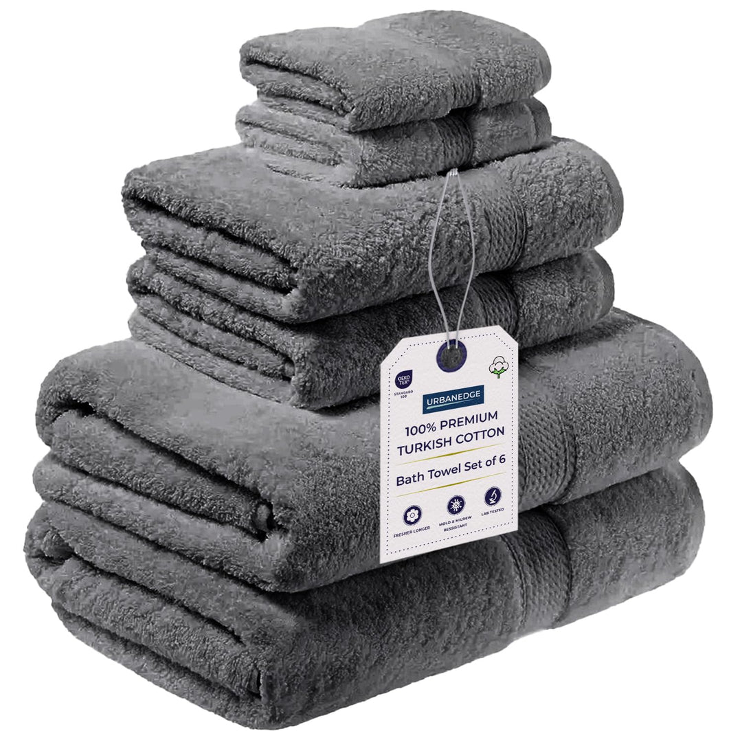 Urban Edge Bath Towels Set of 6 - Turkish Premium Cotton 800 GSM - 2 Bath Towels, 2 Hand Towels, 2 Washcloths - Fluffy and Soft Towel - Lightweight - Ideal for Daily Use, Beaches, Hotels - Dark Grey URBANEDGE