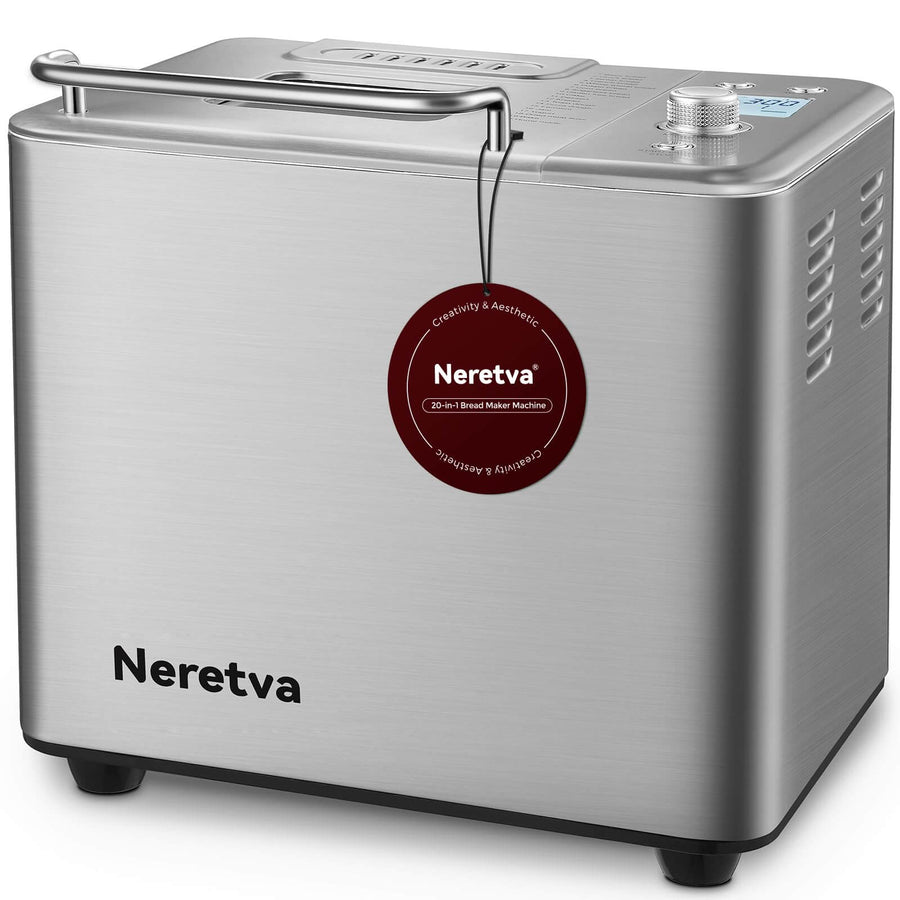 Neretva 20-IN-1 Bread Maker in silver, dual heater, 2LB capacity, ideal for gluten-free and various bread types.