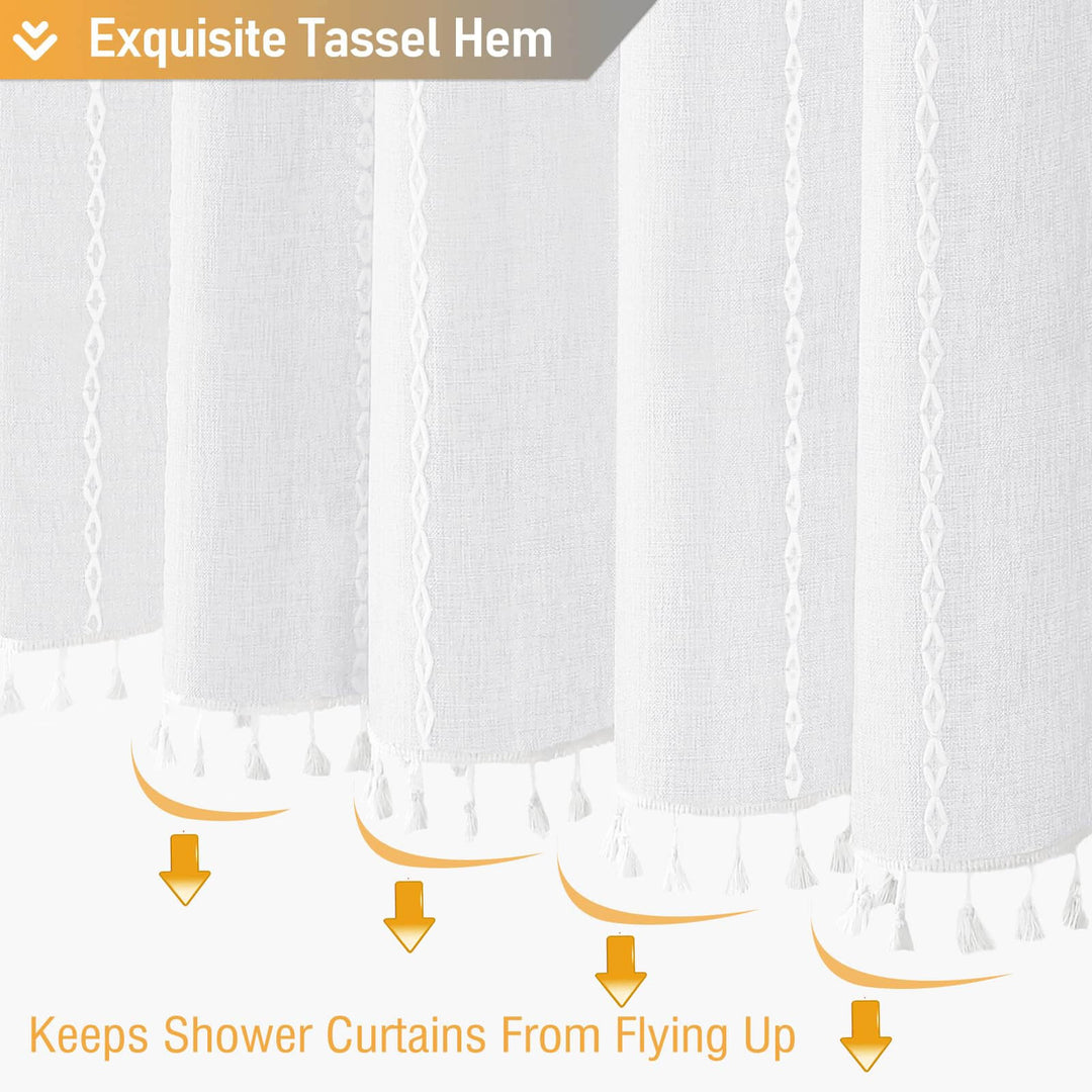 BTTN White Farmhouse Shower Curtain, Boho Linen Striped Heavy Duty Fabric Shower Curtain Set with Tassel, Bohemian Country Ultra Thick Shower Curtain for Bathroom, Wrinkle Free, Water Repellent, 72x72 