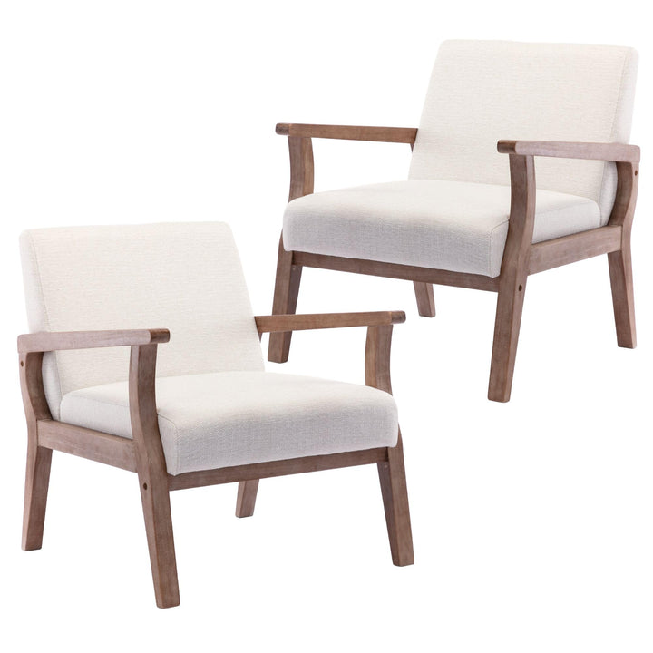 HNY Mid Century Modern Accent Chairs Set of 2 with Wood Frames, Linen Upholstered Living Room Arm Chairs for Living Room, Bedroom, Ivory 