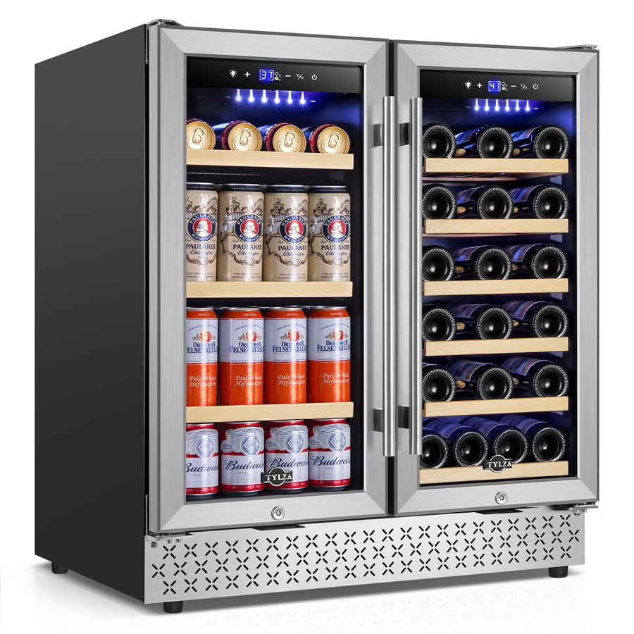 Tylza 30 Inch Wine and Beverage Refrigerator, Dual Zone Wine Beverage Cooler 30" with French Door, Under Counter Wine Beer Fridge Built-In or Freestanding, Holds 29 Bottles and 110 Cans TYBC200 