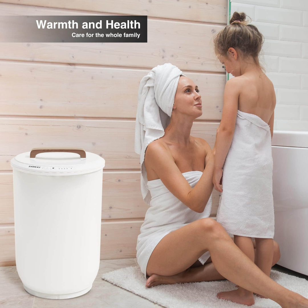 SAMEAT Heated Towel Warmers for Bathroom - Large Towel Warmer Bucket, Wood Handle, Auto Shut Off, Fits Up to Two 40"X70" Oversized Towels, Best Ideals SAMEAT