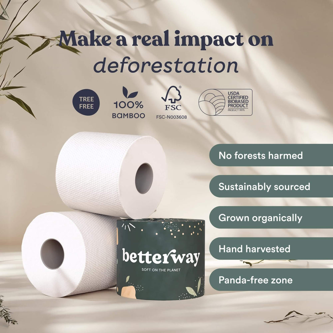 Betterway Bamboo Toilet Paper 3 Ply - Sustainable Toilet Tissue - 12 Double Rolls & 360 Sheets Per Roll - Septic Safe - Organic, Plastic Free - FSC Certified