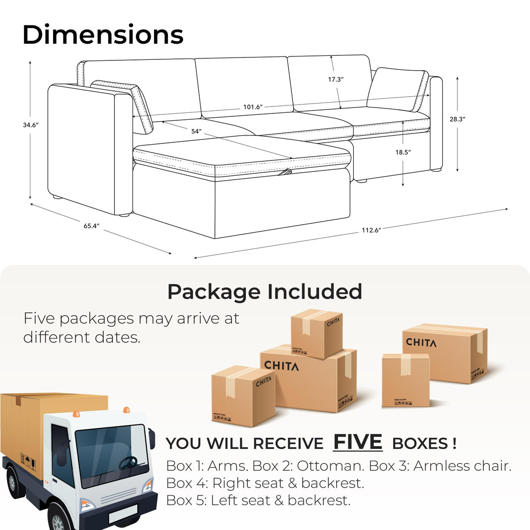 CHITA Oversized Modular Sectional Fabric Sofa Set, FSC Certified Extra Large L Shaped Couch Reversible Chaise Modular Sectional Couch, 112 inch Width,4 Seat Modular Sofa with Storage Ottoman, Linen 