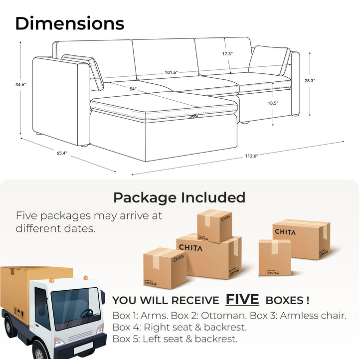 CHITA Oversized Modular Sectional Fabric Sofa Set, FSC Certified Extra Large L Shaped Couch Reversible Chaise Modular Sectional Couch, 112 inch Width,4 Seat Modular Sofa with Storage Ottoman, Linen 